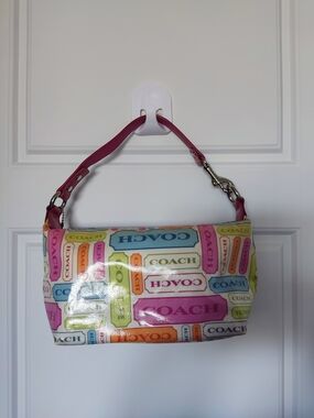 COACH Multicolor Logo Print Shoulder Bag with Pink Strap